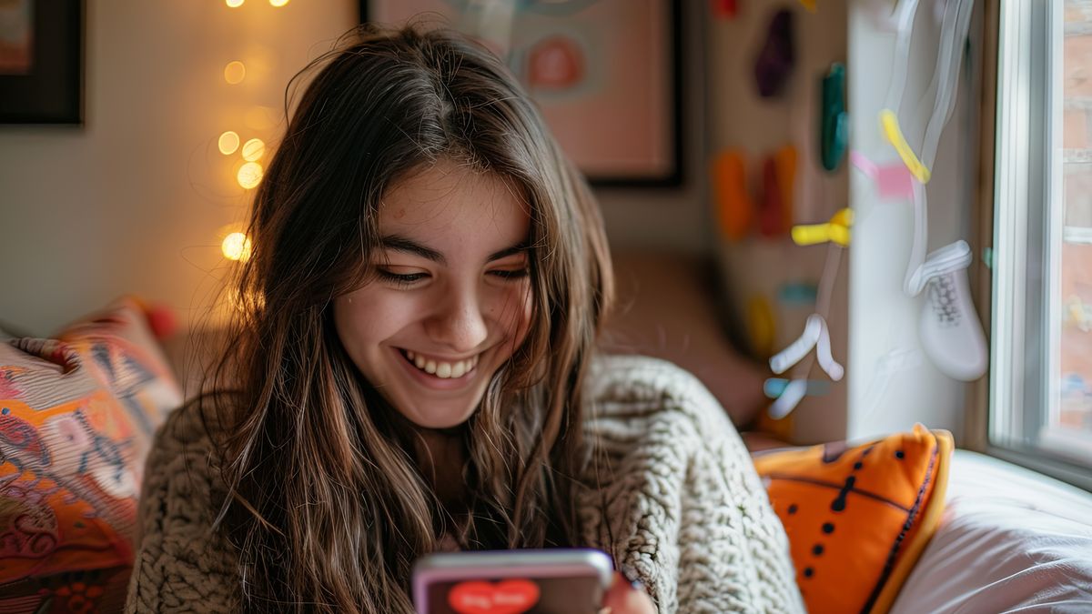 Smiling person sitting on couch relaxing while swiping through photos on smartphone